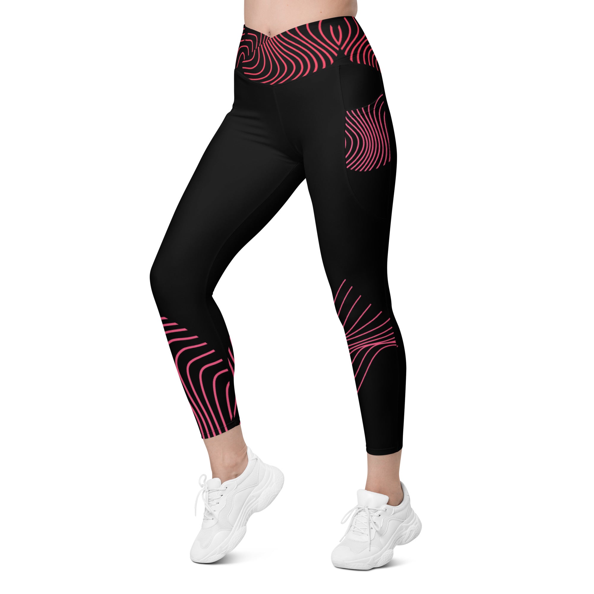 Black crossover leggings with pockets- activewear for gym girls. Fitness or yoga pants. RippleFX by WickedYo.